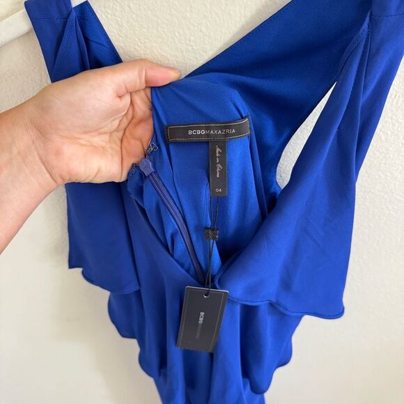 NWT BCBGMaxAzria Jessica Dress Waterfall ruffle handkerchief hem blue 4 - Picture 6 of 11